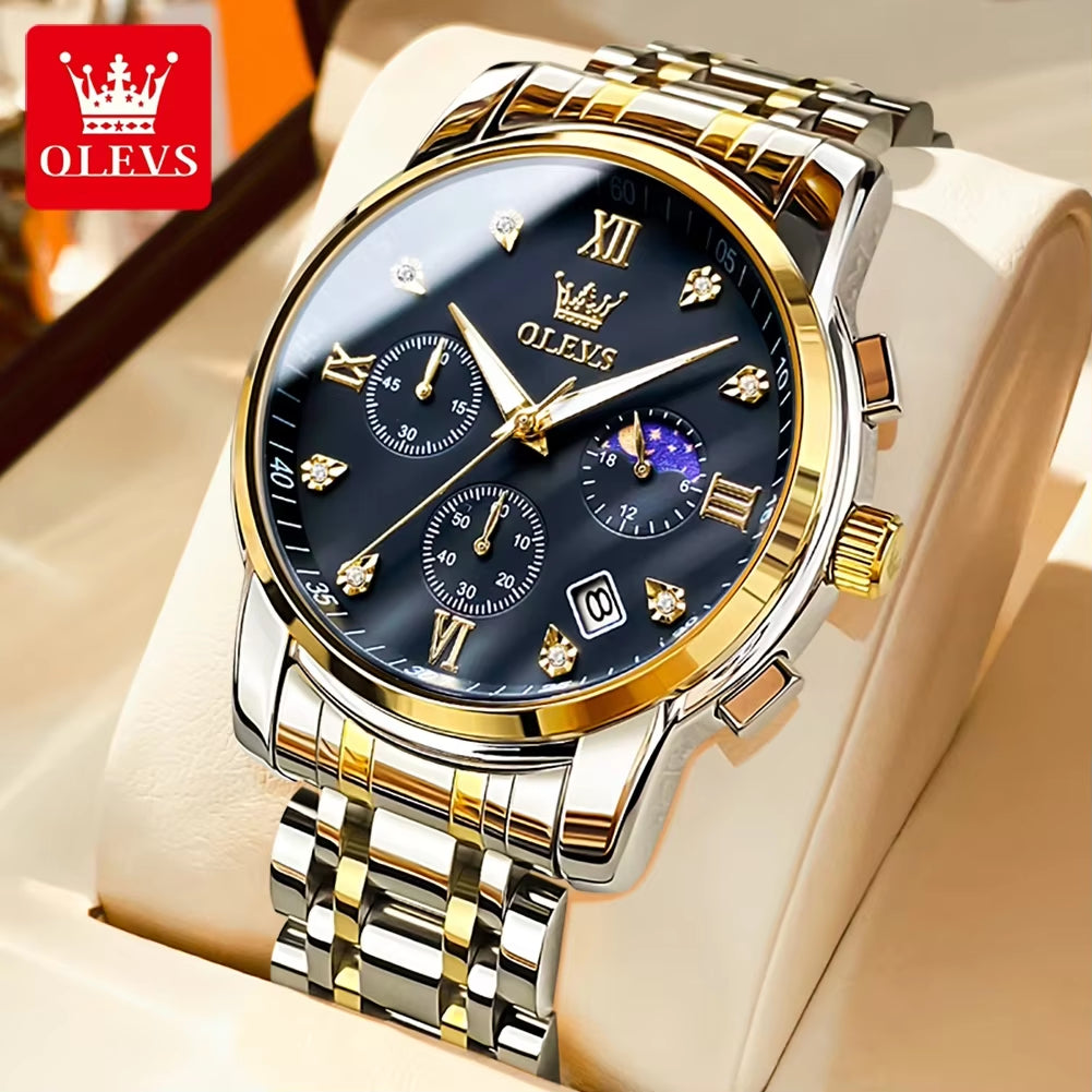 Luxury Top Brand Quartz Watch for Men Stainless Steel Waterproof Chronograph Sports Date Clock Moon Phase Men'S Wristwatch