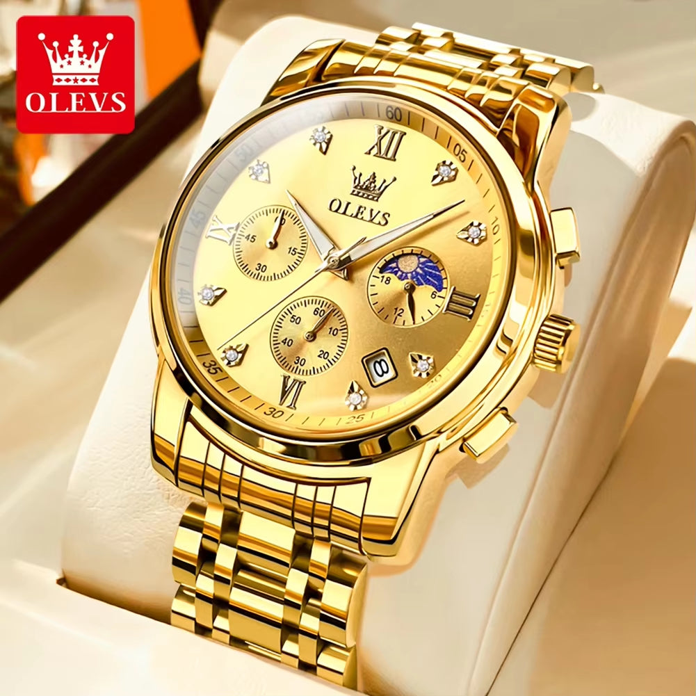 Luxury Top Brand Quartz Watch for Men Stainless Steel Waterproof Chronograph Sports Date Clock Moon Phase Men'S Wristwatch