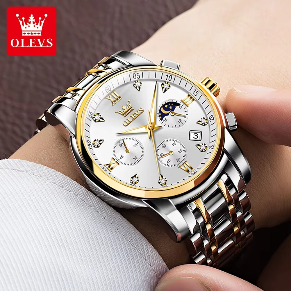 Luxury Top Brand Quartz Watch for Men Stainless Steel Waterproof Chronograph Sports Date Clock Moon Phase Men'S Wristwatch