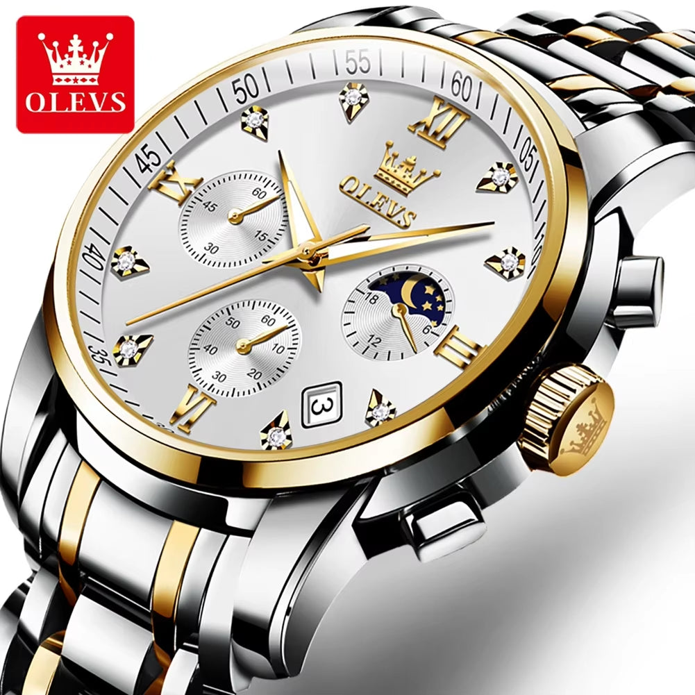 Luxury Top Brand Quartz Watch for Men Stainless Steel Waterproof Chronograph Sports Date Clock Moon Phase Men'S Wristwatch