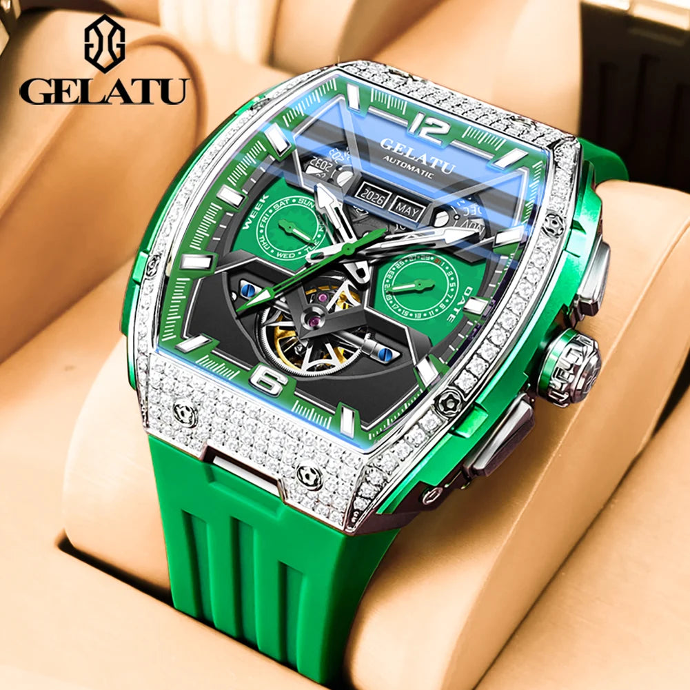 GELATU Full Diamond Men'S Watches Flywheel Design Dual Calendar Automatic Mechanical Watch for Men TOP Brand Original Wristwatch