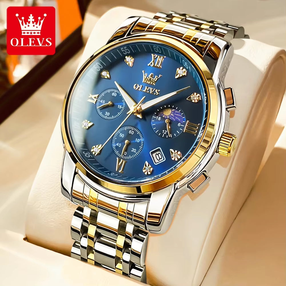 Luxury Top Brand Quartz Watch for Men Stainless Steel Waterproof Chronograph Sports Date Clock Moon Phase Men'S Wristwatch