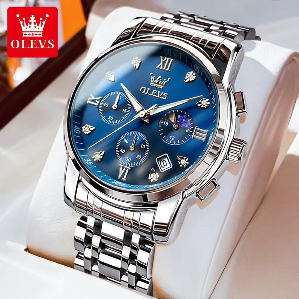 Luxury Top Brand Quartz Watch for Men Stainless Steel Waterproof Chronograph Sports Date Clock Moon Phase Men'S Wristwatch