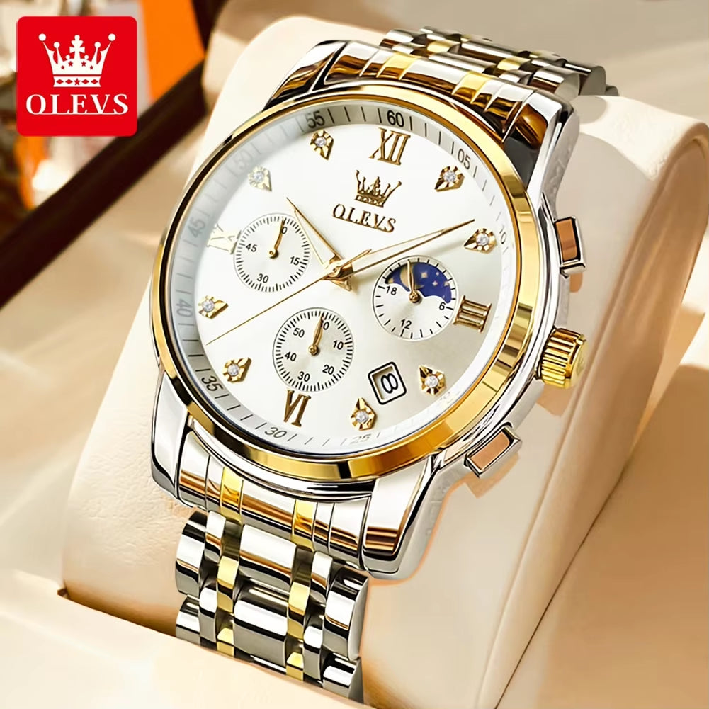 Luxury Top Brand Quartz Watch for Men Stainless Steel Waterproof Chronograph Sports Date Clock Moon Phase Men'S Wristwatch