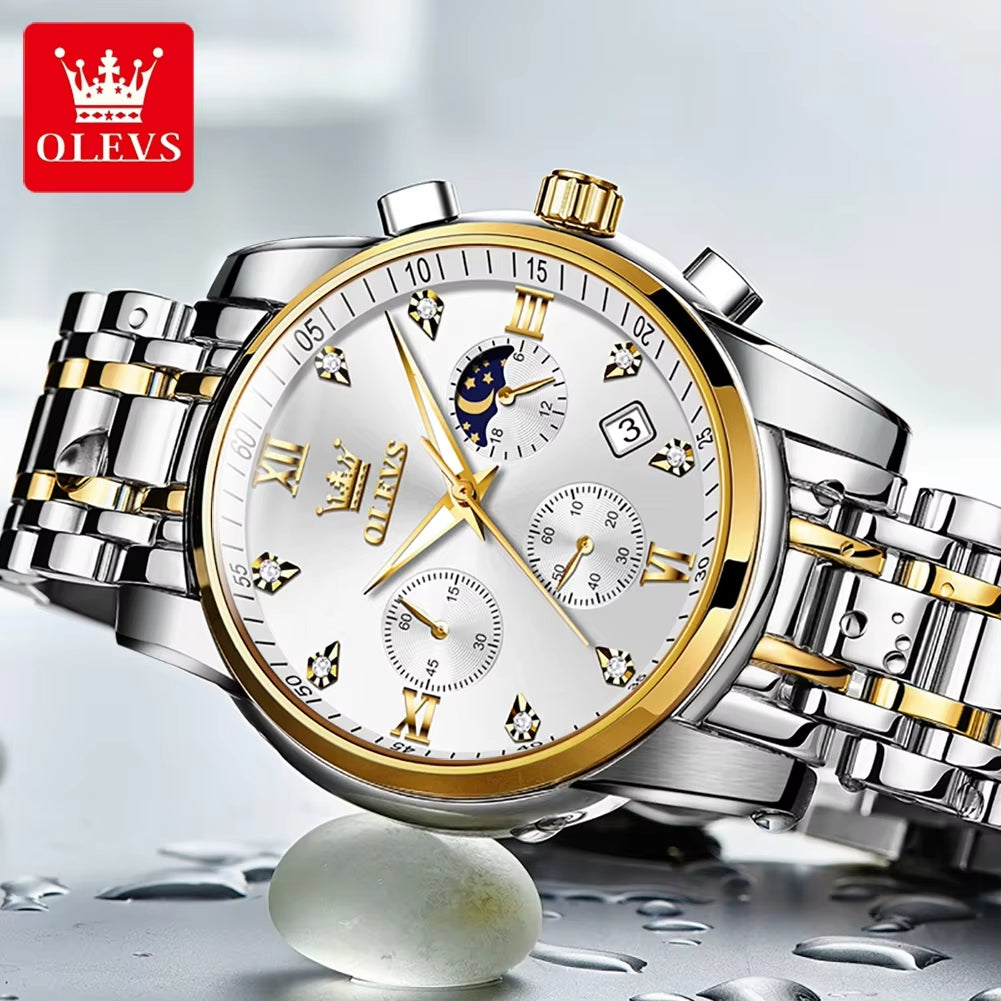 Luxury Top Brand Quartz Watch for Men Stainless Steel Waterproof Chronograph Sports Date Clock Moon Phase Men'S Wristwatch