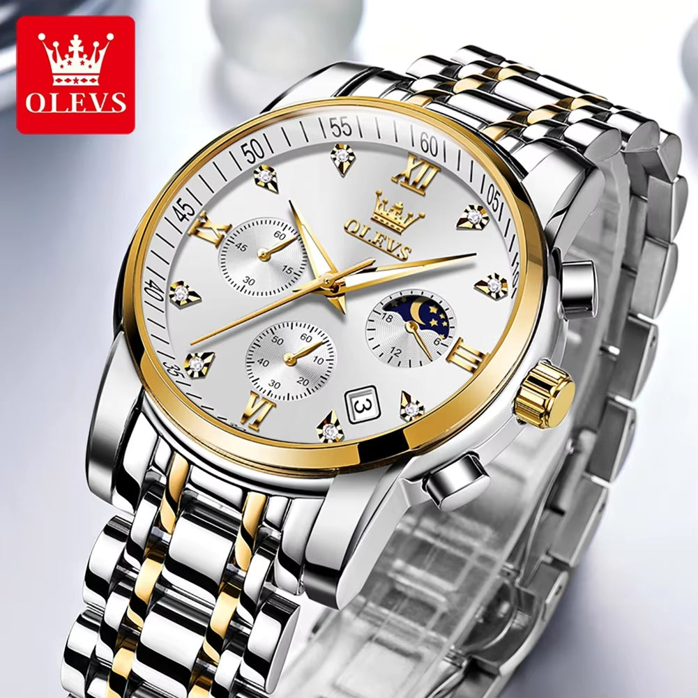 Luxury Top Brand Quartz Watch for Men Stainless Steel Waterproof Chronograph Sports Date Clock Moon Phase Men'S Wristwatch