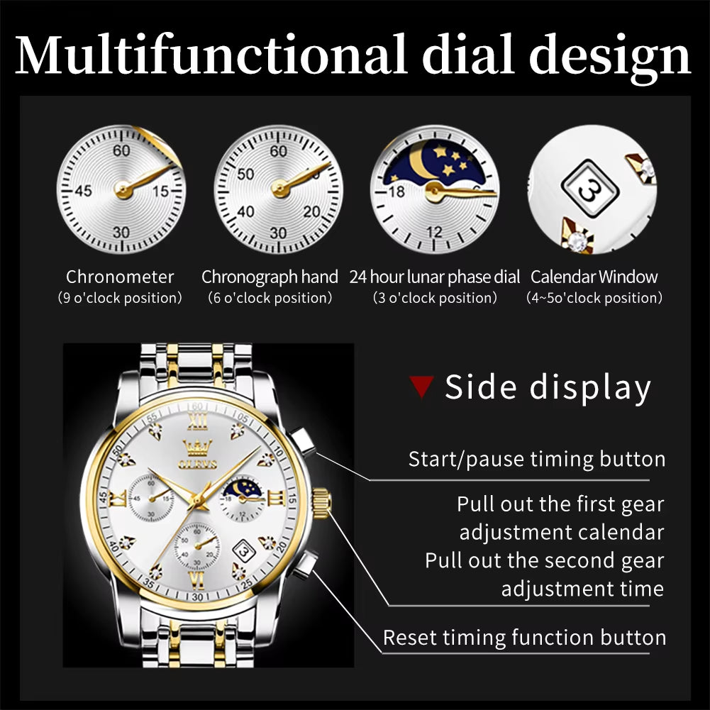 Luxury Top Brand Quartz Watch for Men Stainless Steel Waterproof Chronograph Sports Date Clock Moon Phase Men'S Wristwatch