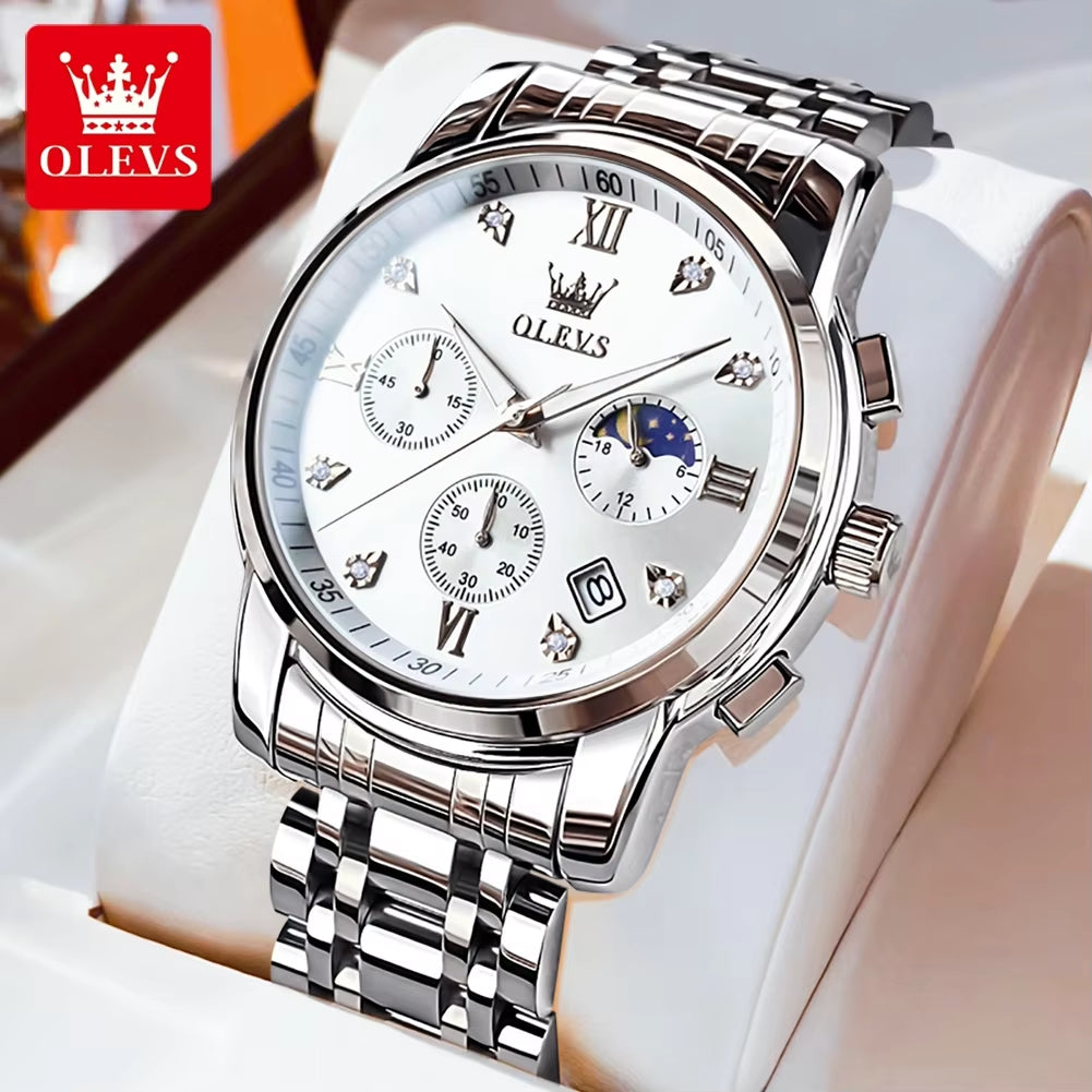 Luxury Top Brand Quartz Watch for Men Stainless Steel Waterproof Chronograph Sports Date Clock Moon Phase Men'S Wristwatch