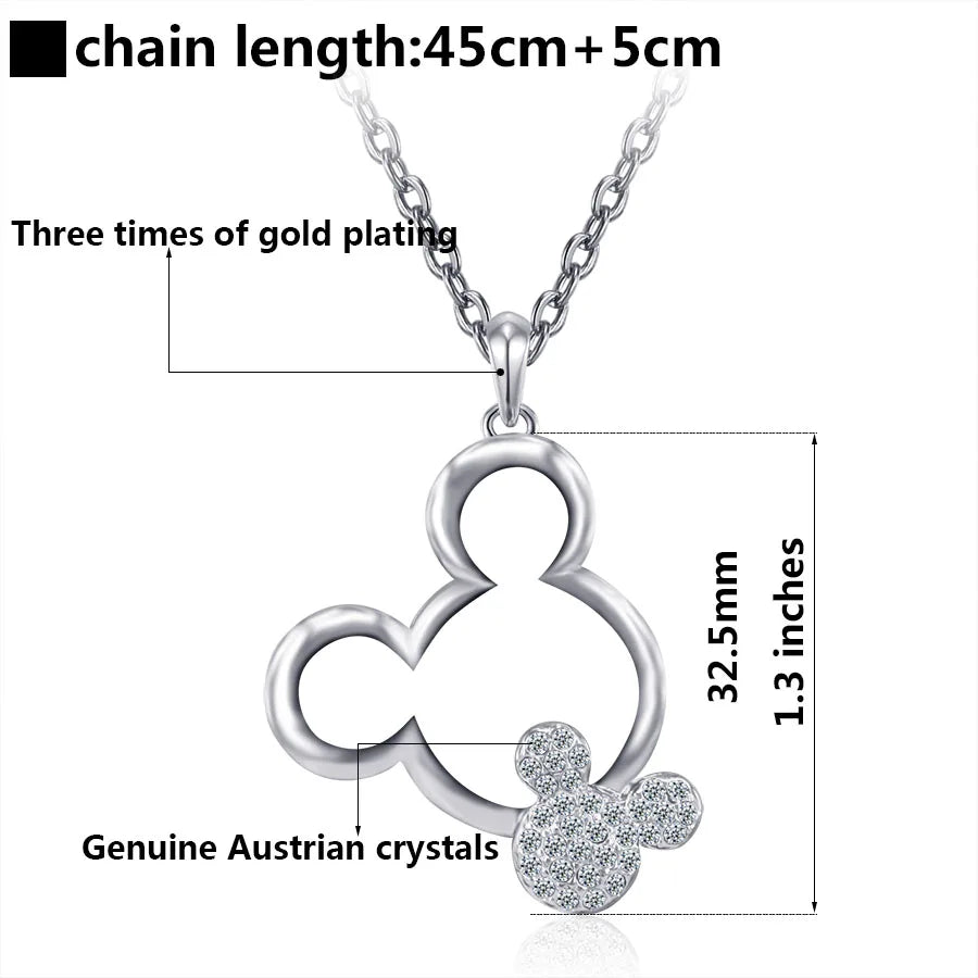 Mickey Necklace Women Girls Fashion Jewelry Christmas Gift Yellow Gold Color Austrian Crystal Rhinestone Cute Pendant Necklaces