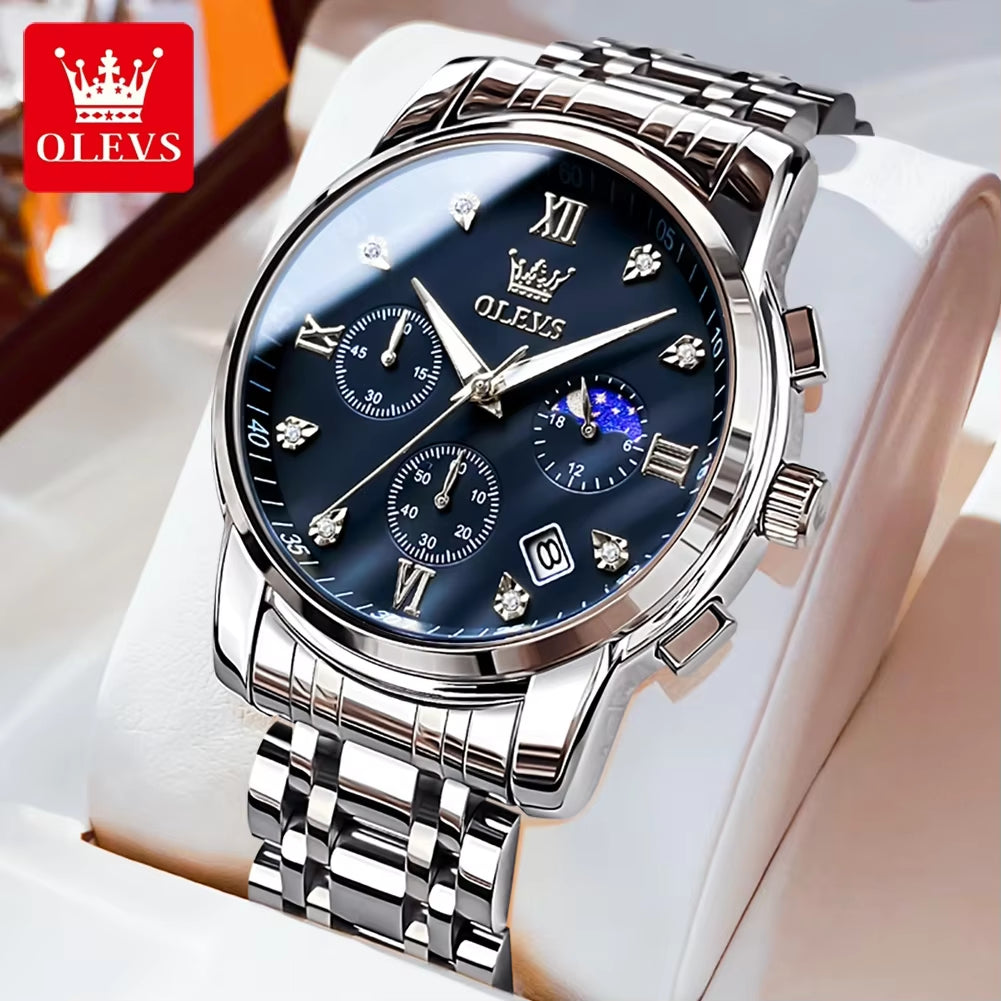 Luxury Top Brand Quartz Watch for Men Stainless Steel Waterproof Chronograph Sports Date Clock Moon Phase Men'S Wristwatch