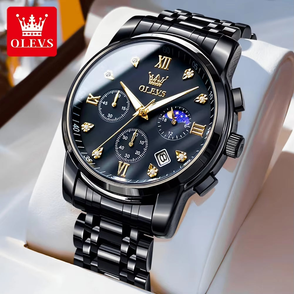 Luxury Top Brand Quartz Watch for Men Stainless Steel Waterproof Chronograph Sports Date Clock Moon Phase Men'S Wristwatch